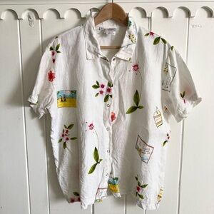 Hot Cotton / White Linen top with a tropical postcard print